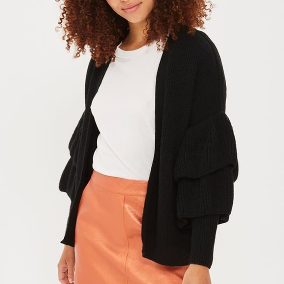 Topshop Sweaters - Topshop Ruffle Sleeve Knitted Cardigan Black